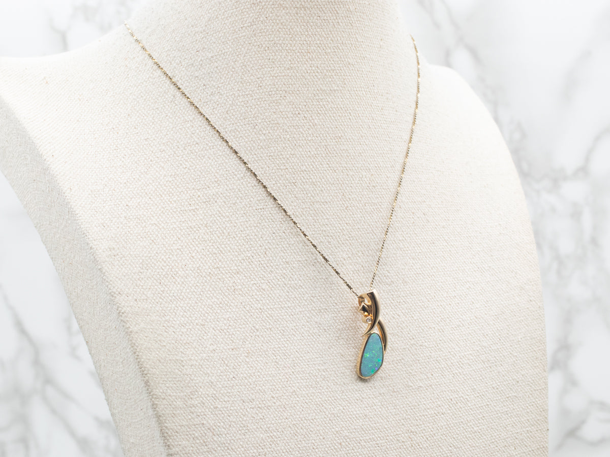 Modern Gold Boulder Opal and Diamond Pendant