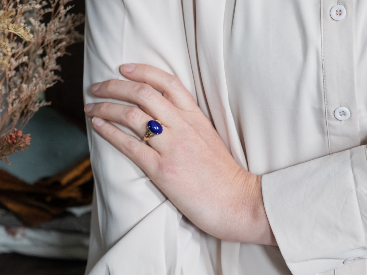 Gold Filigree Lapis Solitaire Ring