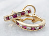 18K Gold Ruby and Diamond Hoop Earrings with Omega Backs