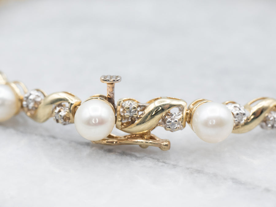 Two Tone Gold Pearl and Diamond Link Bracelet