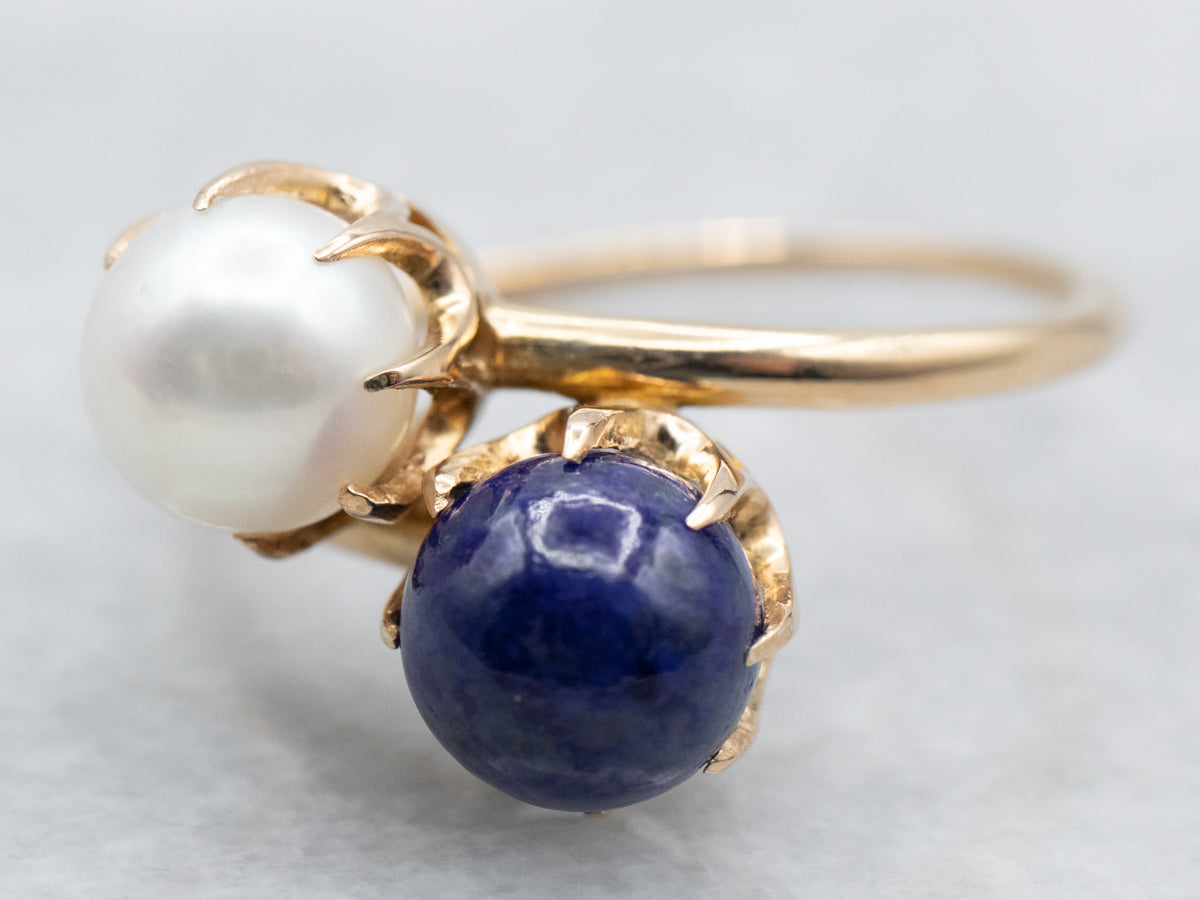 Vintage Gold Pearl and Lapis Bypass Ring