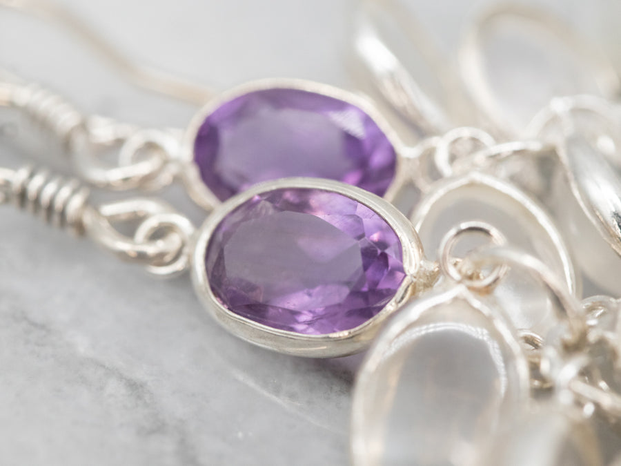 Sterling Silver Moonstone Drop Earrings with Amethyst Accent