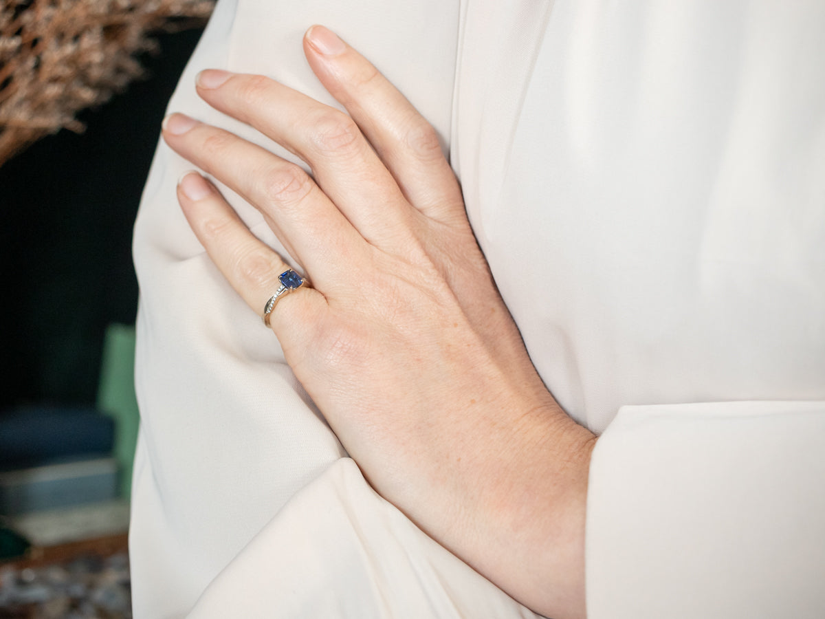 White Gold Sapphire Engagement Ring with Diamond Accents
