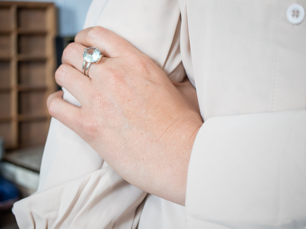 Icy Blue Sterling Silver Aquamarine Solitaire Bypass Cocktail Ring