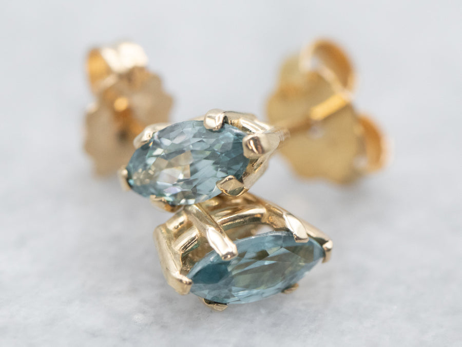 Yellow Gold Marquise Cut Blue Zircon Stud Earrings