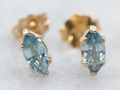 Yellow Gold Marquise Cut Blue Zircon Stud Earrings