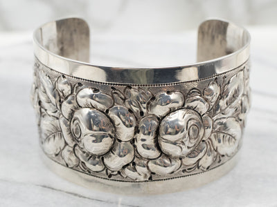 Early 1900's Floral Cuff Sterling Silver  Bracelet