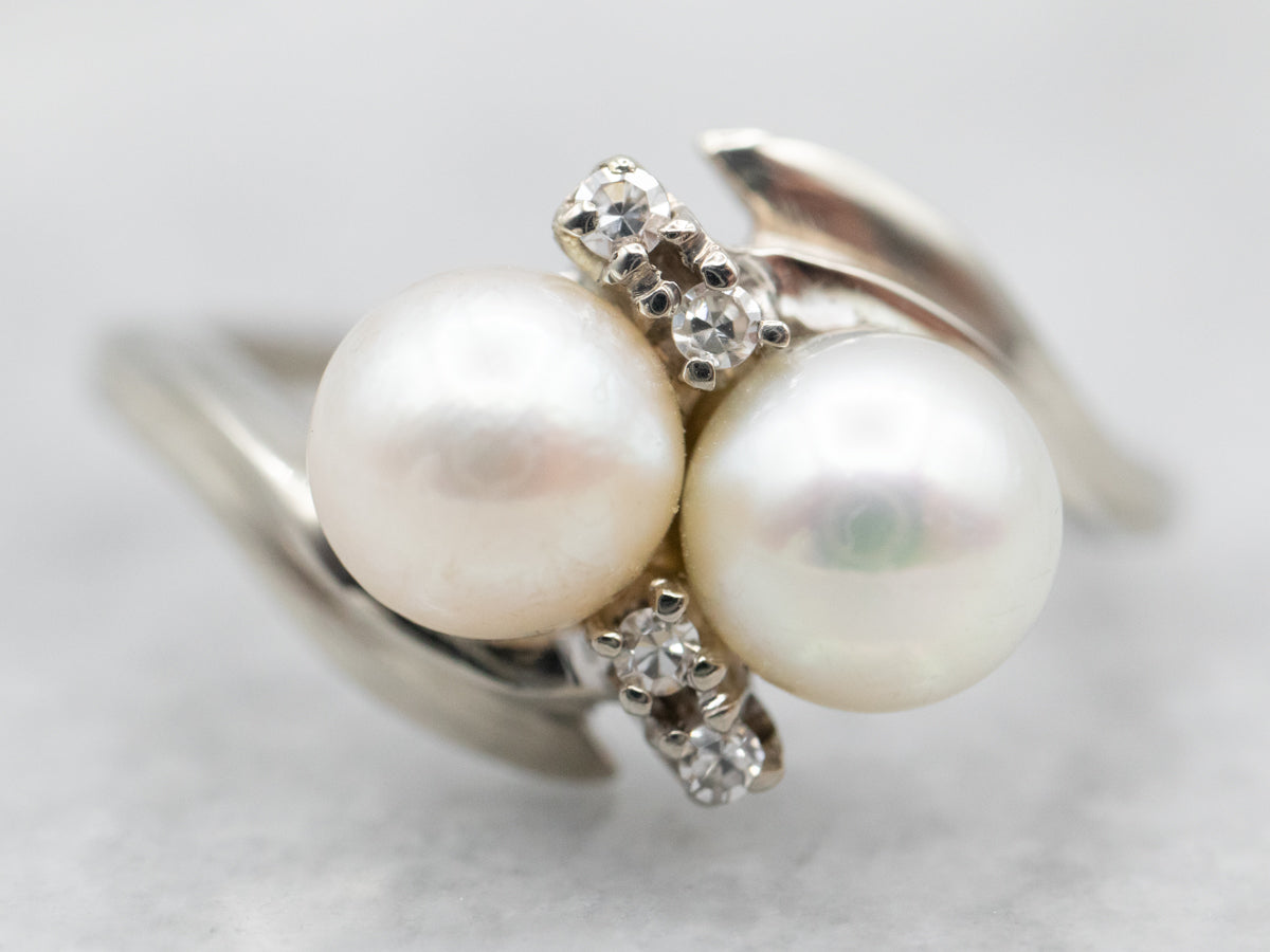Vintage Double Pearl and Diamond Bypass Ring