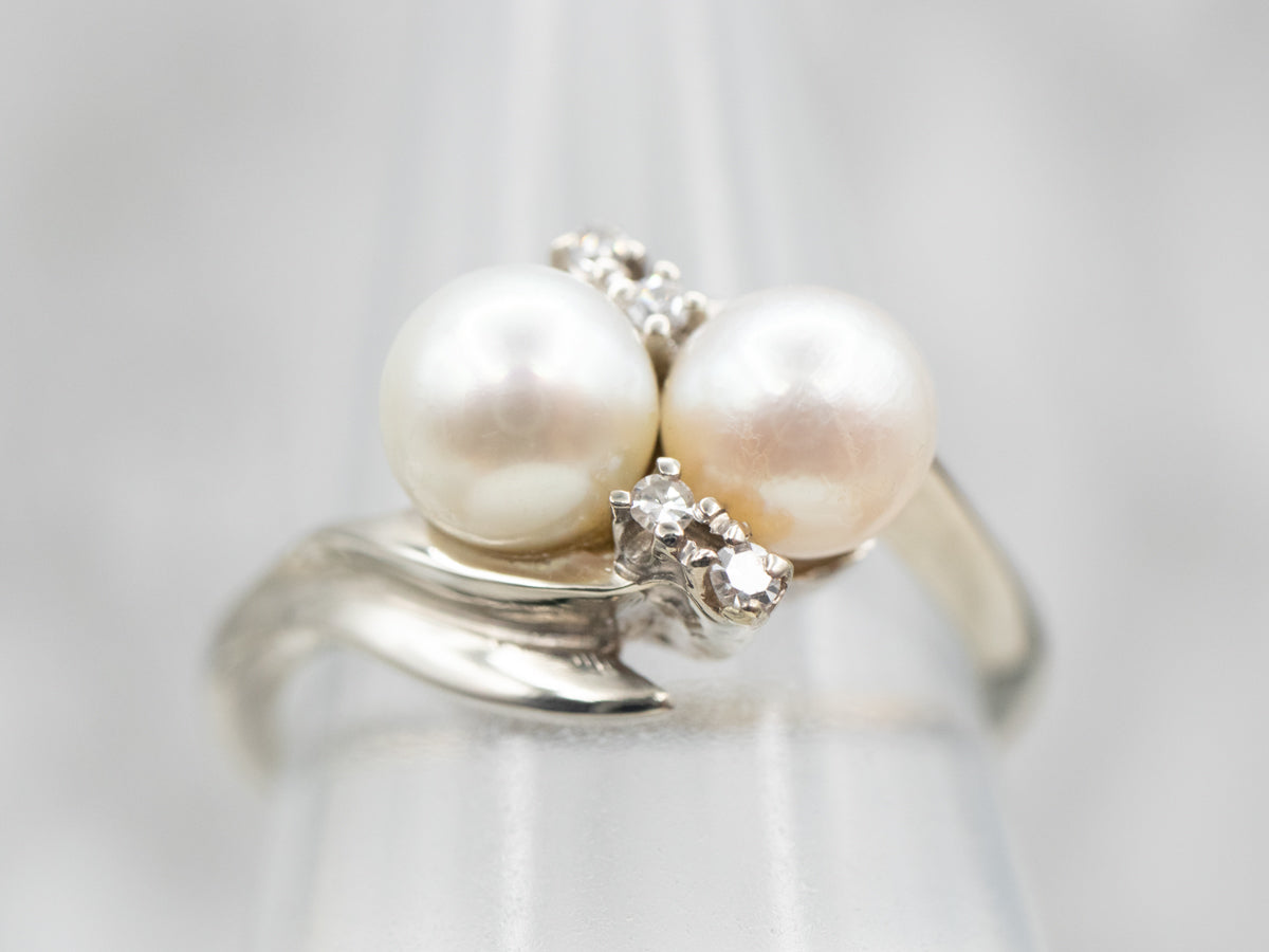 Vintage Double Pearl and Diamond Bypass Ring