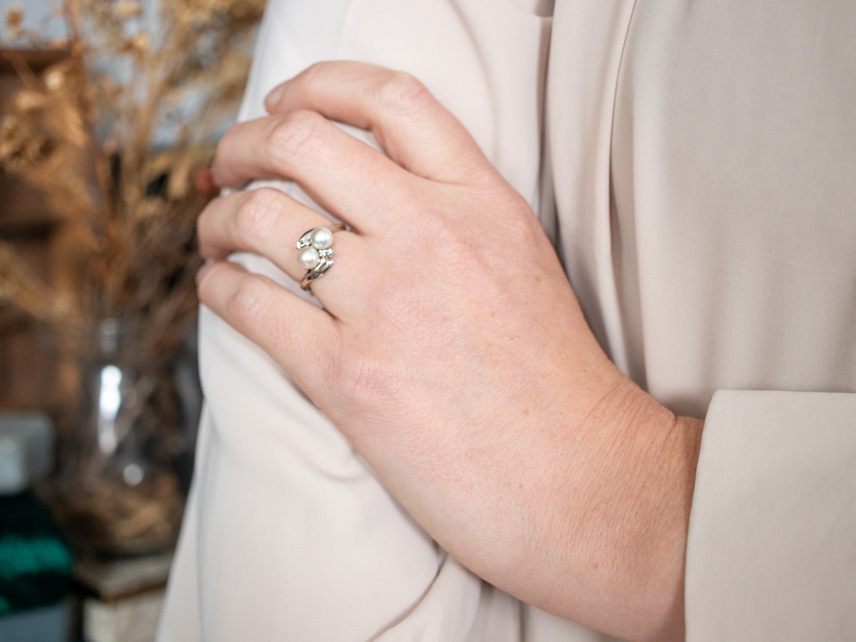 Vintage Double Pearl and Diamond Bypass Ring