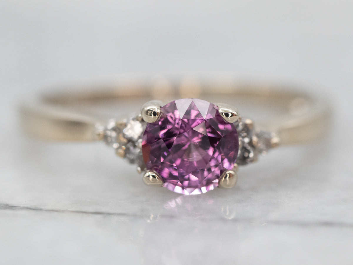 White Gold Pink Sapphire Engagement Ring with Diamond Accents