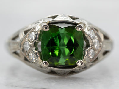 C. 1990 Vintage 1.33 Carat Green Tourmaline Ring with .30 ct. t.w. Diamonds  in Platinum. Size 6.5 | Ross-Simons