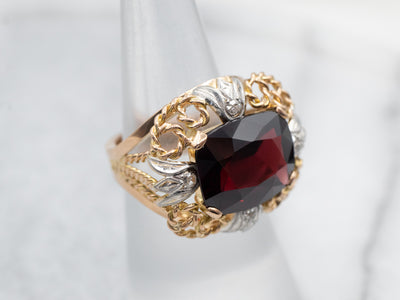 Elegant Two Tone East West Garnet Cocktail Ring with Diamond Accents