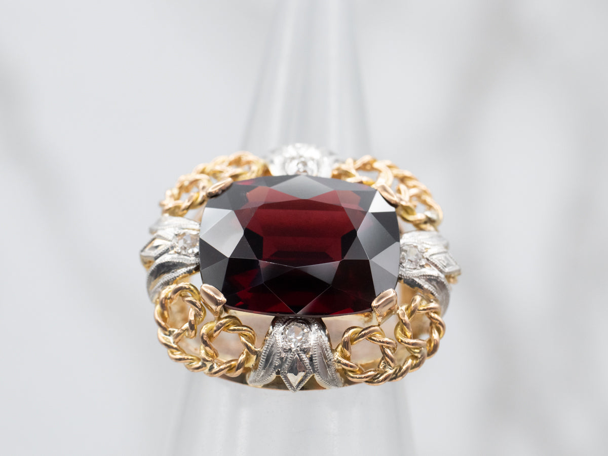 Elegant Two Tone East West Garnet Cocktail Ring with Diamond Accents