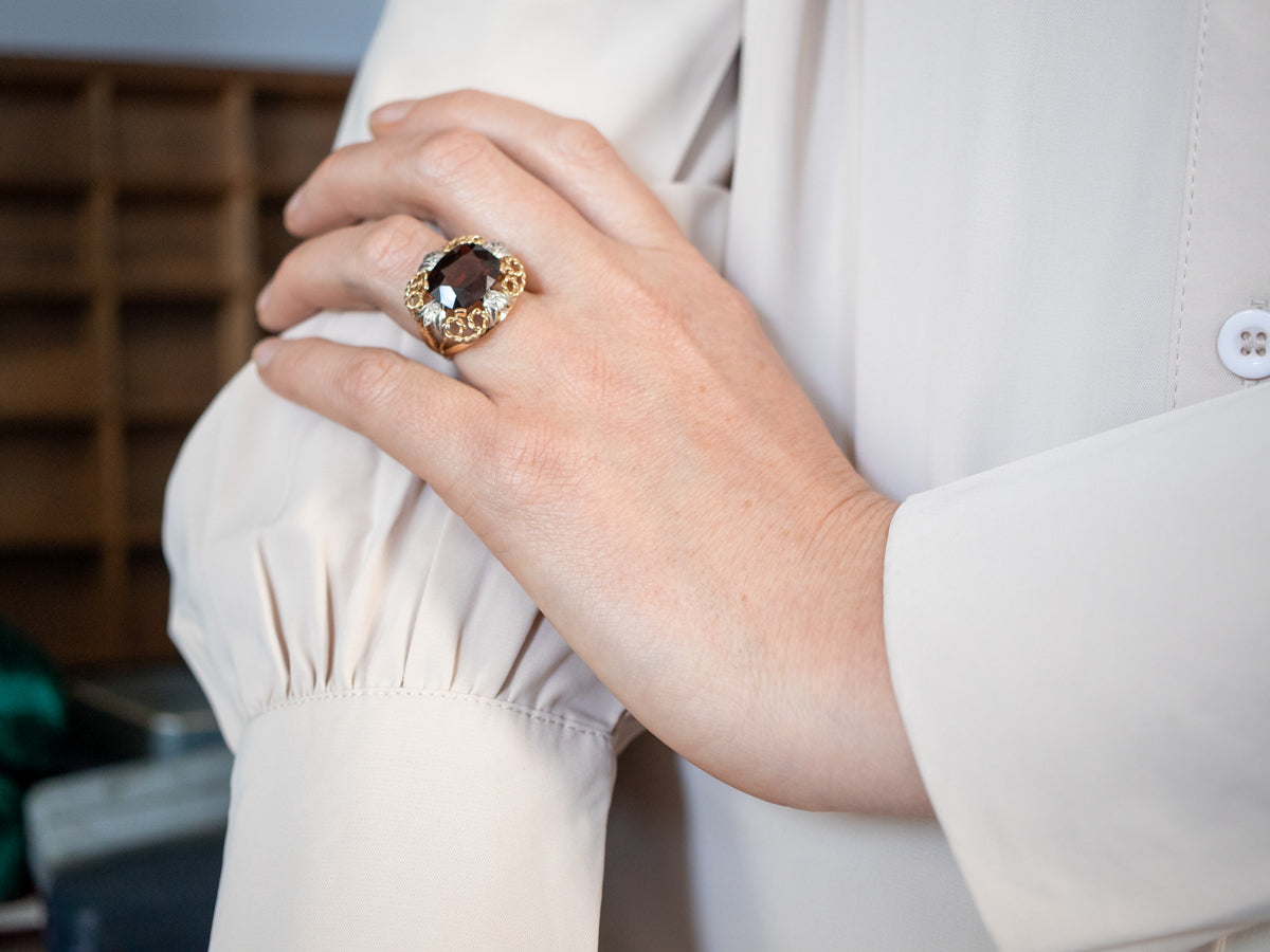 Elegant Two Tone East West Garnet Cocktail Ring with Diamond Accents