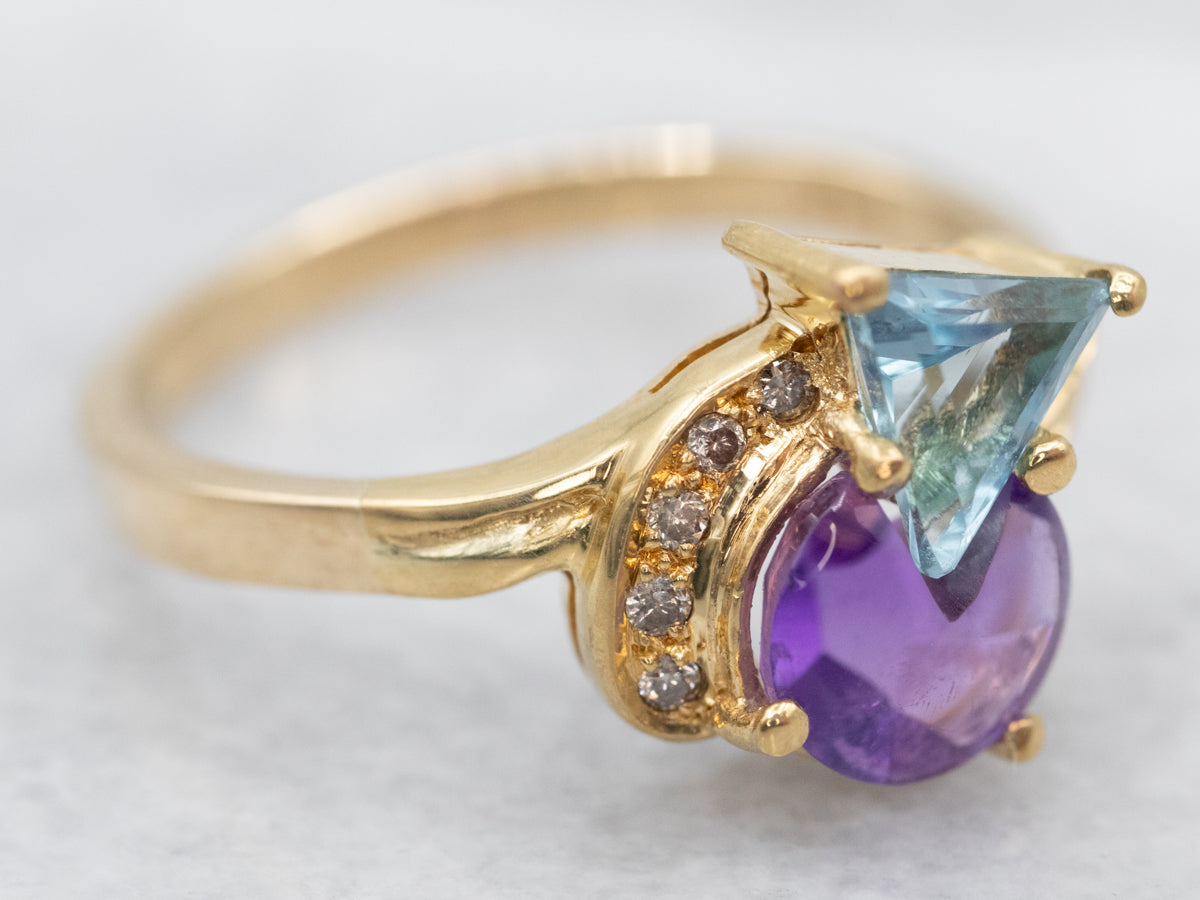 Modernist Amethyst Blue Topaz and Diamond Ring