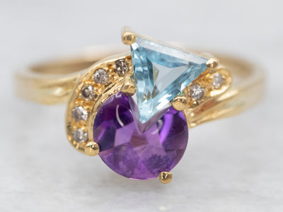 Modernist Amethyst Blue Topaz and Diamond Ring