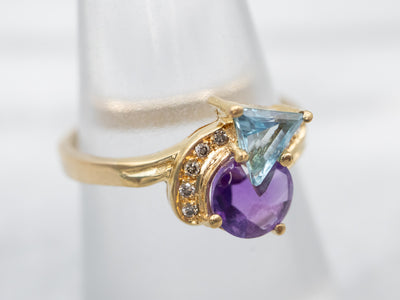 Modernist Amethyst Blue Topaz and Diamond Ring