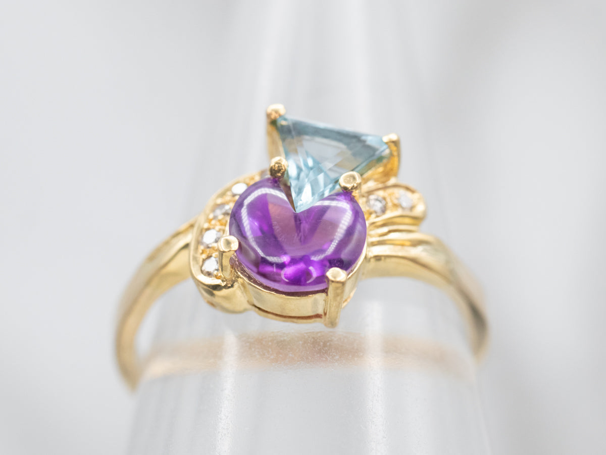 Modernist Amethyst Blue Topaz and Diamond Ring