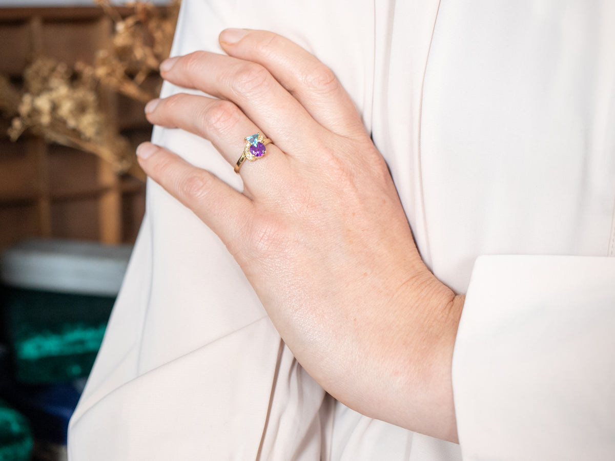 Modernist Amethyst Blue Topaz and Diamond Ring