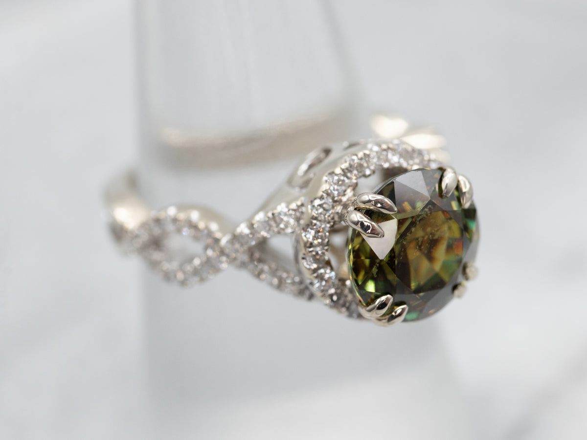 Stunning White Gold Sphene and Diamond Halo Engagement Ring