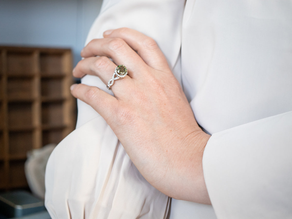 Stunning White Gold Sphene and Diamond Halo Engagement Ring