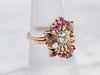 Sparkling Two Tone Diamond Bow Ring with Synthetic Ruby Accents