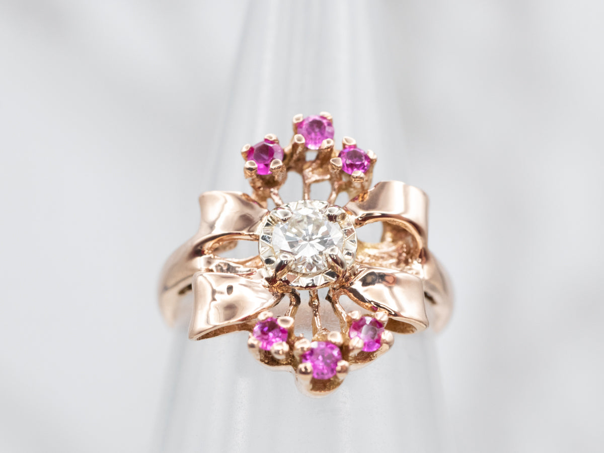 Sparkling Two Tone Diamond Bow Ring with Synthetic Ruby Accents