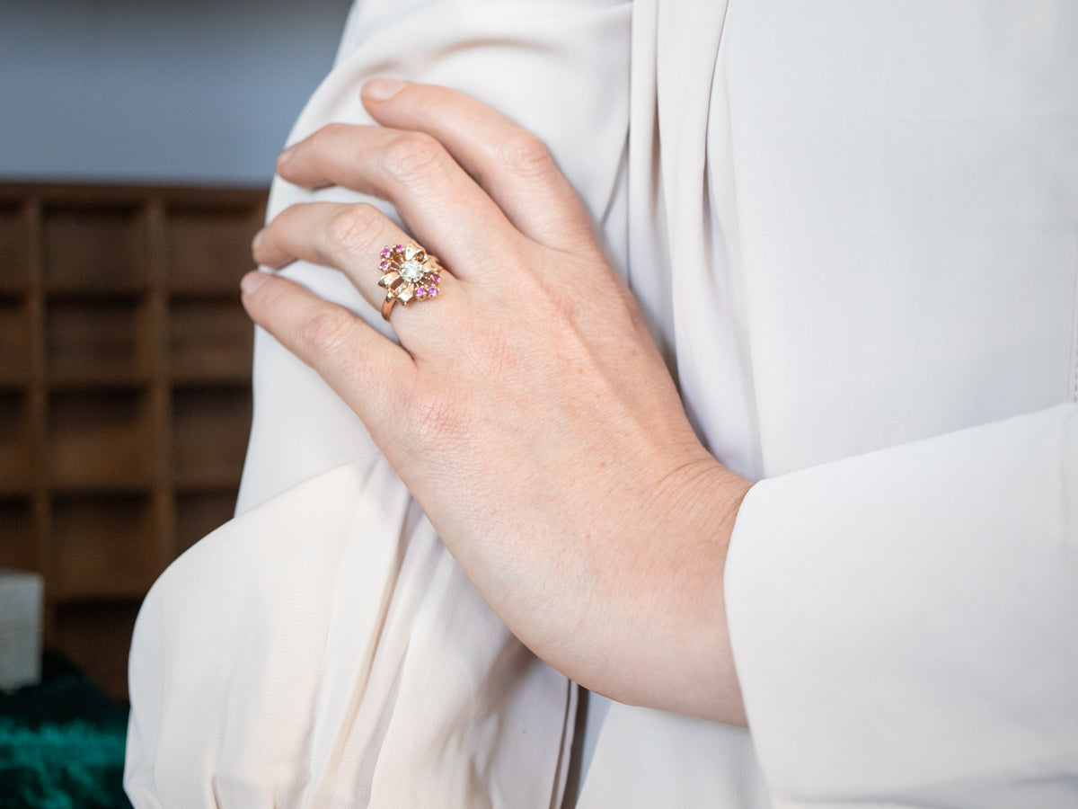 Sparkling Two Tone Diamond Bow Ring with Synthetic Ruby Accents