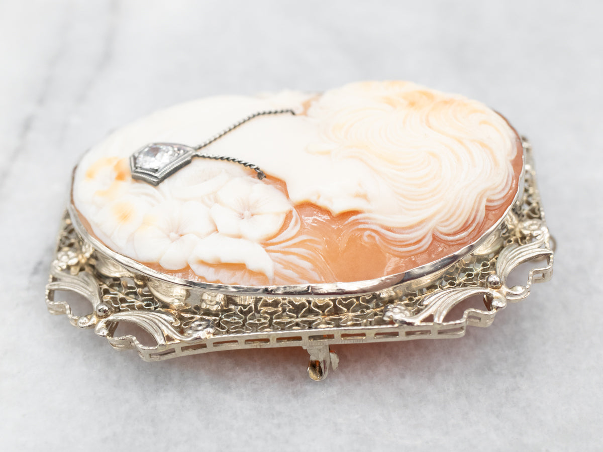 Classic Yellow Gold Cameo Brooch or Pendant with Diamond Accent