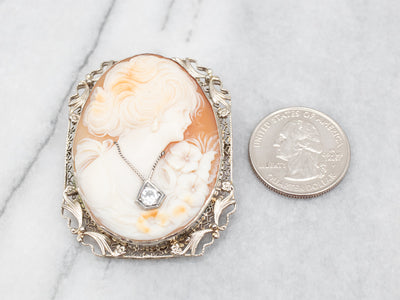 Classic Yellow Gold Cameo Brooch or Pendant with Diamond Accent