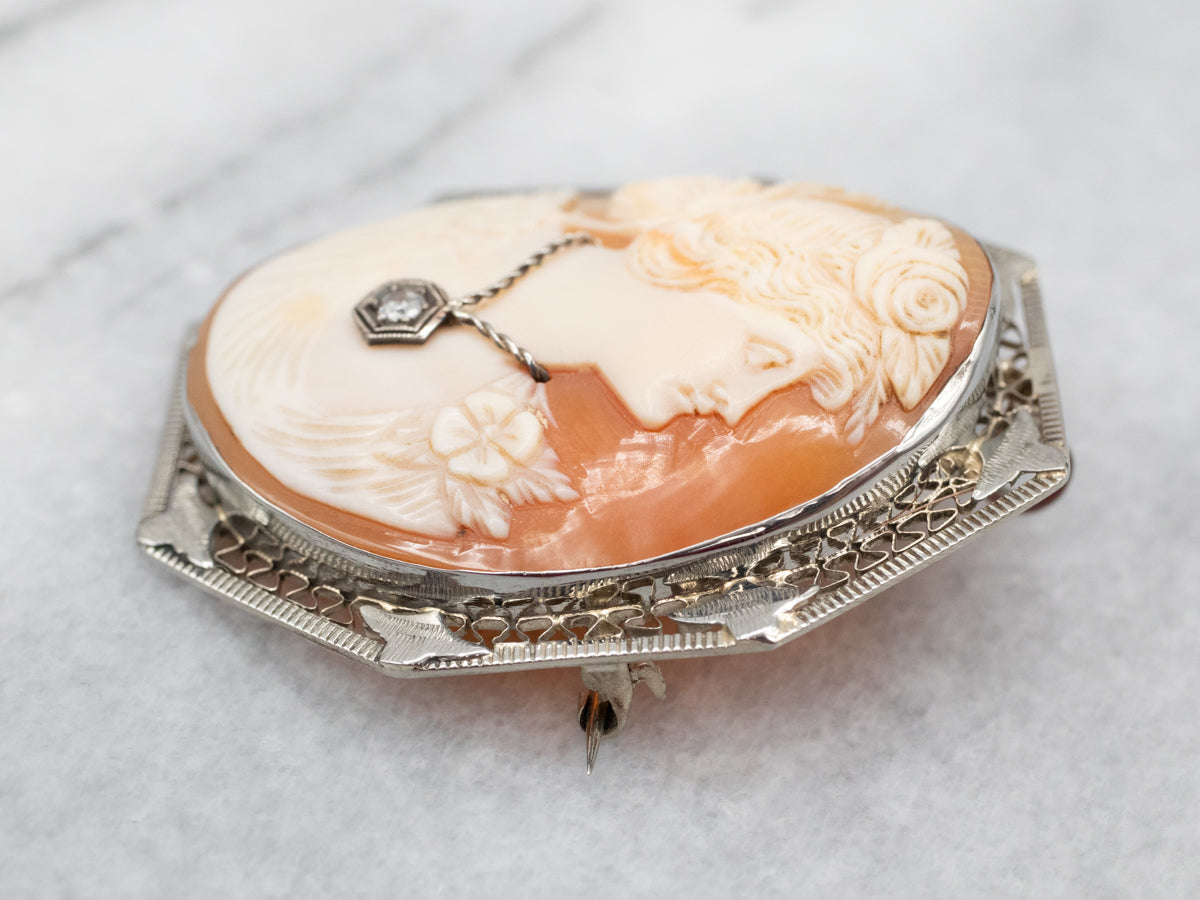 Exquisite Two Tone Cameo Brooch or Pendant with Diamond Accent