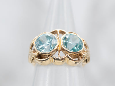 Sparkly Yellow Gold Blue Zircon Two Stone Ring