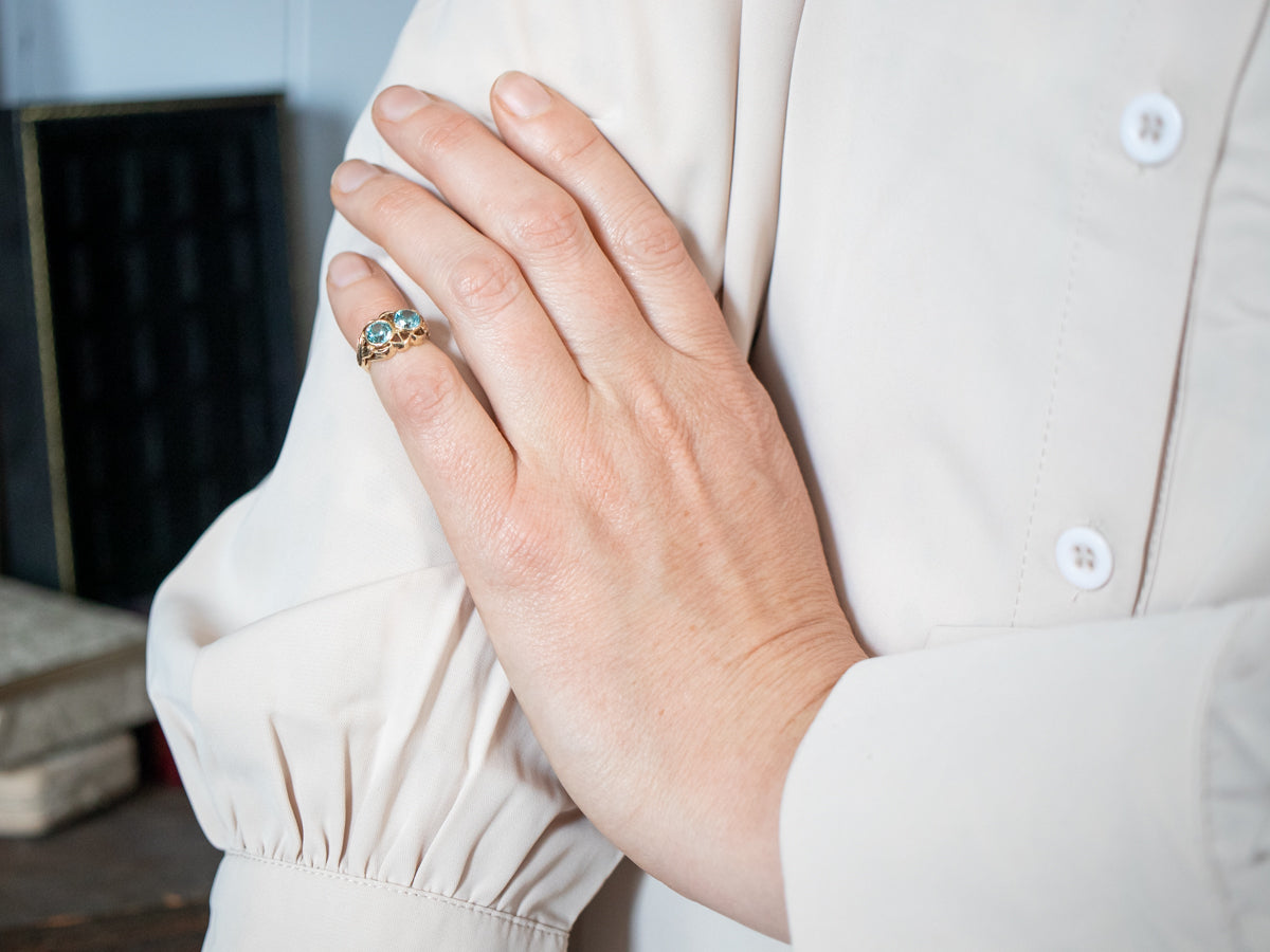 Sparkly Yellow Gold Blue Zircon Two Stone Ring