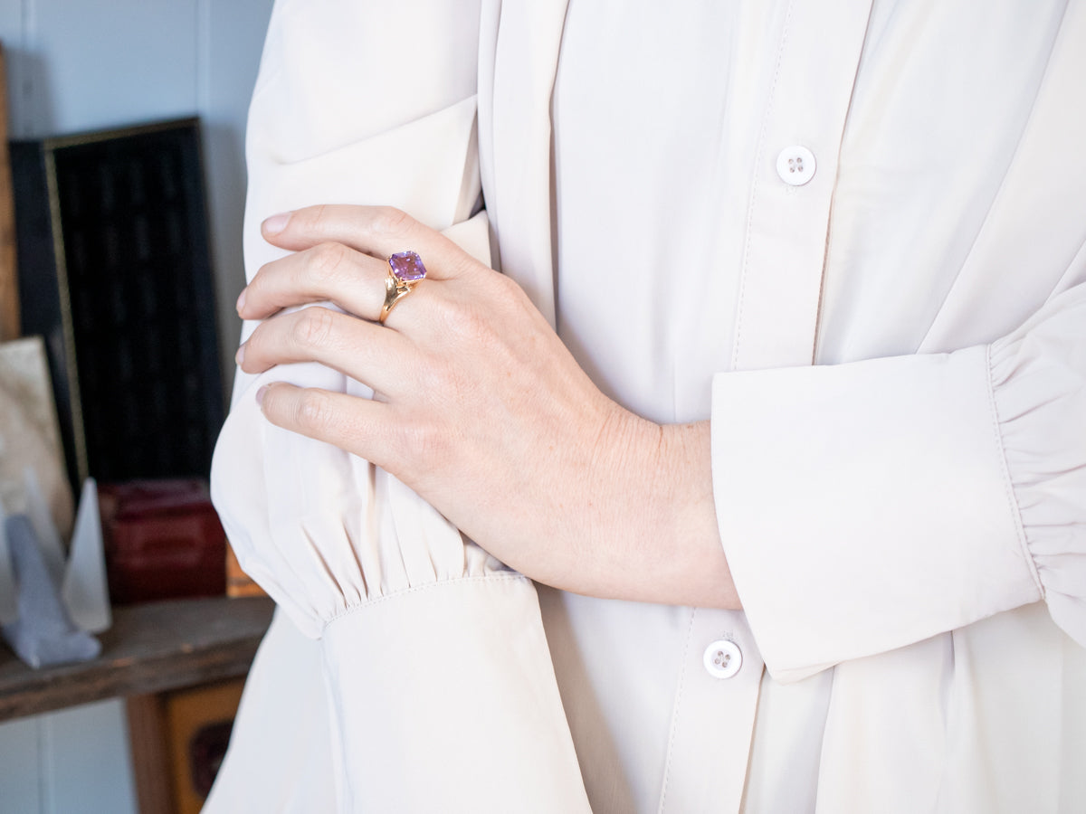 Yellow Gold Square Amethyst Solitaire Ring