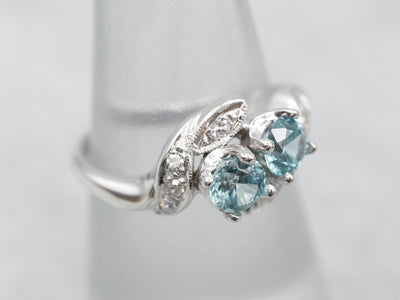 Blue Zircon and Diamond Toi et Moi Bypass Ring