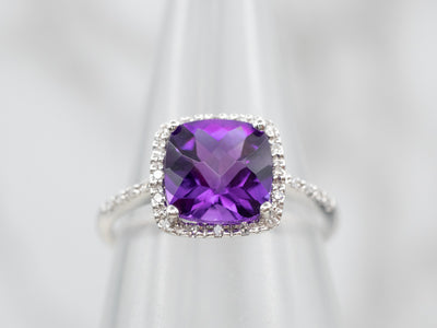 White Gold Amethyst and Diamond Halo Ring