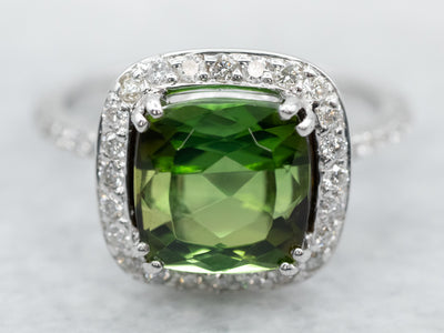 Green Tourmaline Diamond Halo Ring