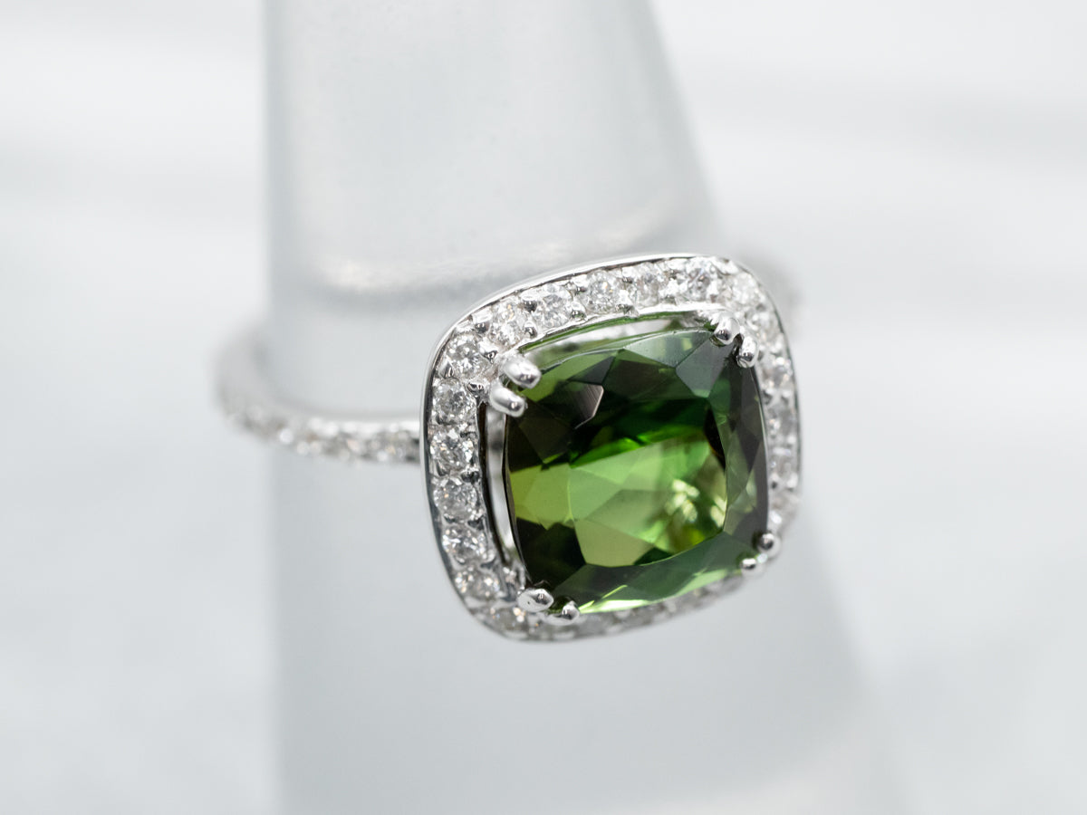 Green Tourmaline Diamond Halo Ring