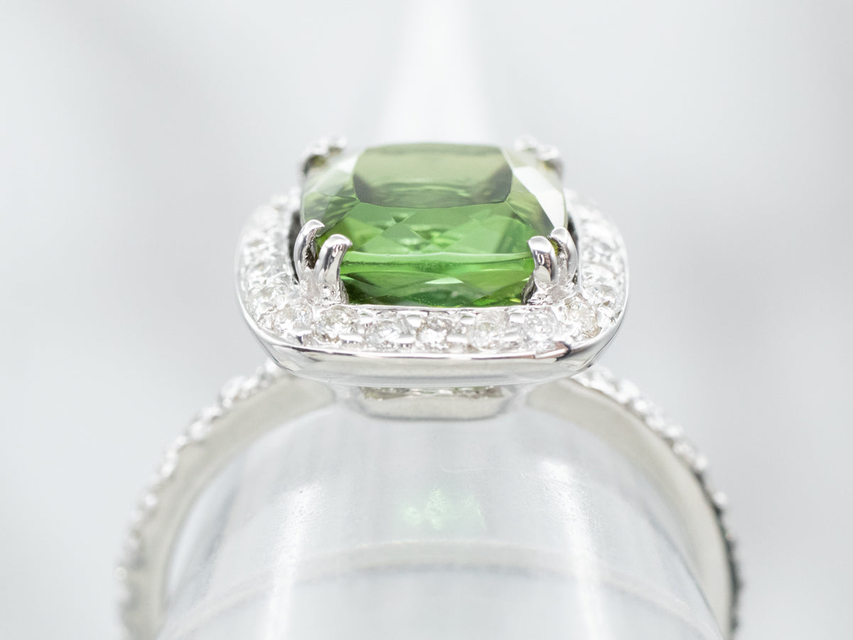 Green Tourmaline Diamond Halo Ring