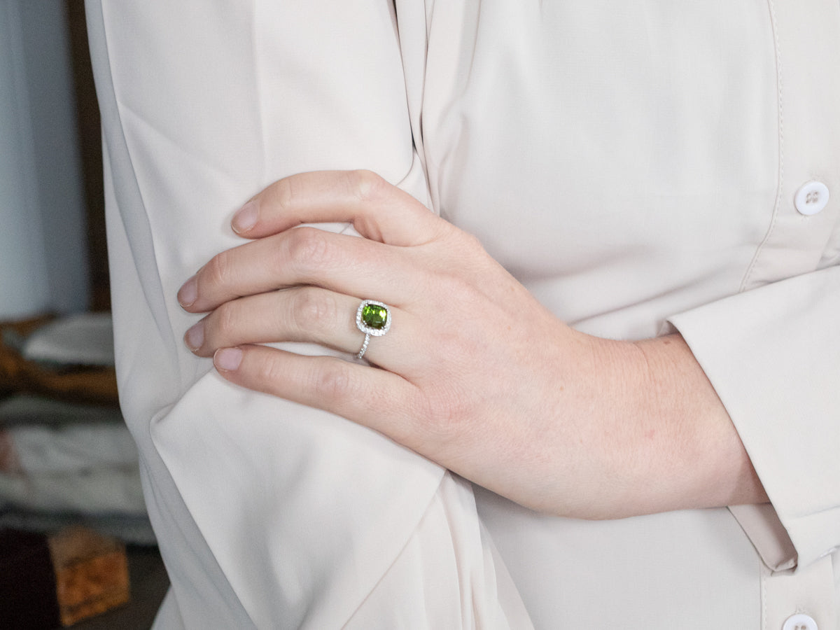 Green Tourmaline Diamond Halo Ring