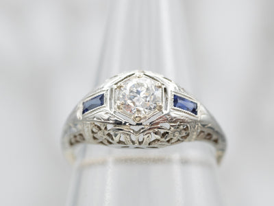 Lovely Art Deco Old Mine Cut Diamond Engagement Ring with Synthetic Sapphire Accents