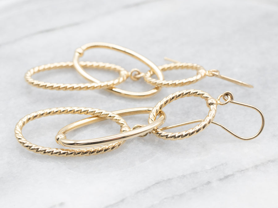 Yellow Gold Elongated Twisted Oval Drop Earrings