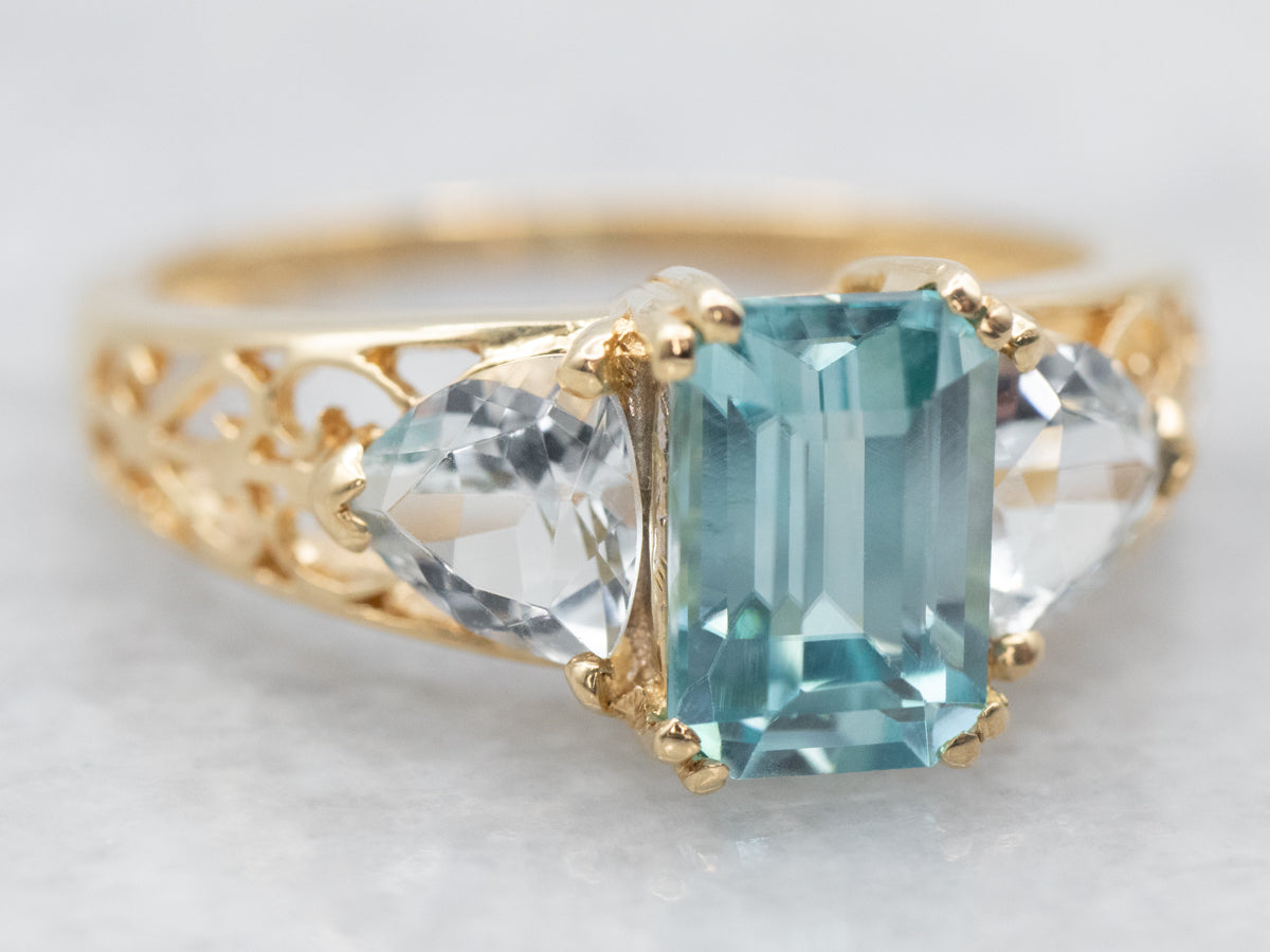 Yellow Gold Blue Zircon Ring with Aquamarine Accents