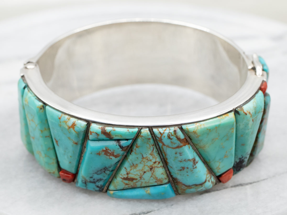 Sterling Silver Turquoise and Coral Petroglyph Bracelet