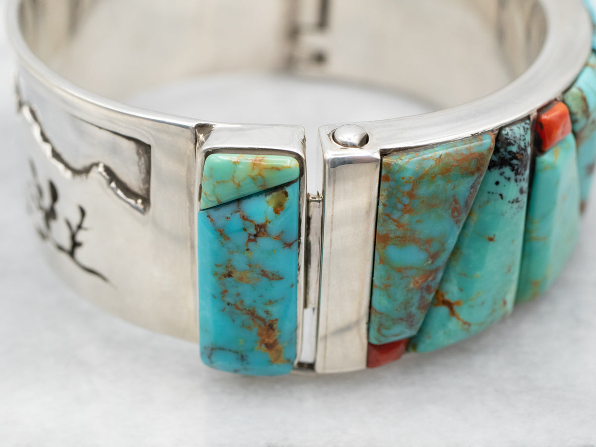 Sterling Silver Turquoise and Coral Petroglyph Bracelet