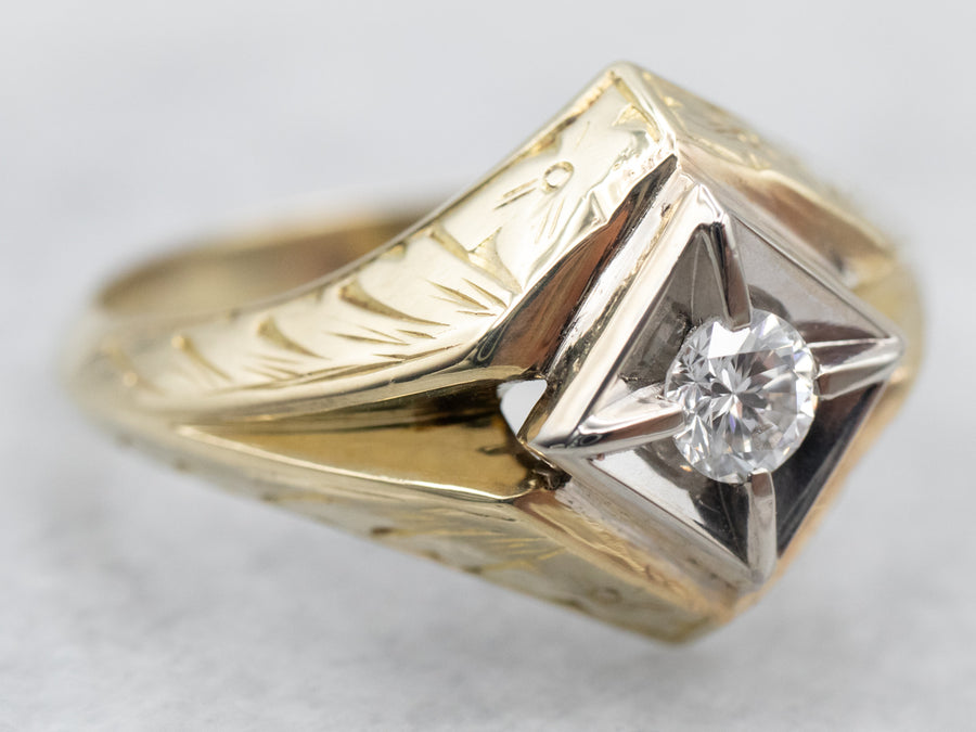 Late Art Deco Two Tone Gold Diamond Solitaire Engagement Ring