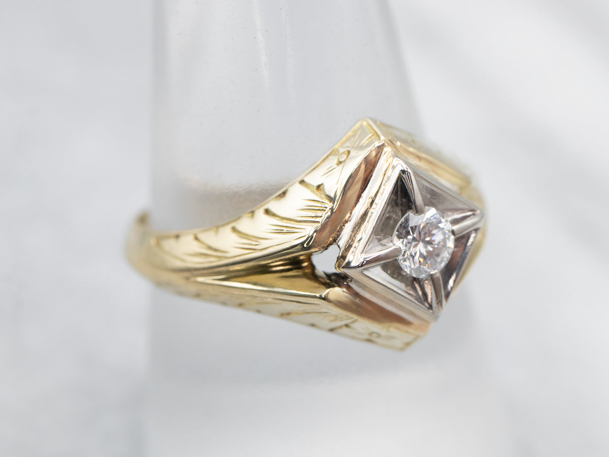 Late Art Deco Two Tone Gold Diamond Solitaire Engagement Ring