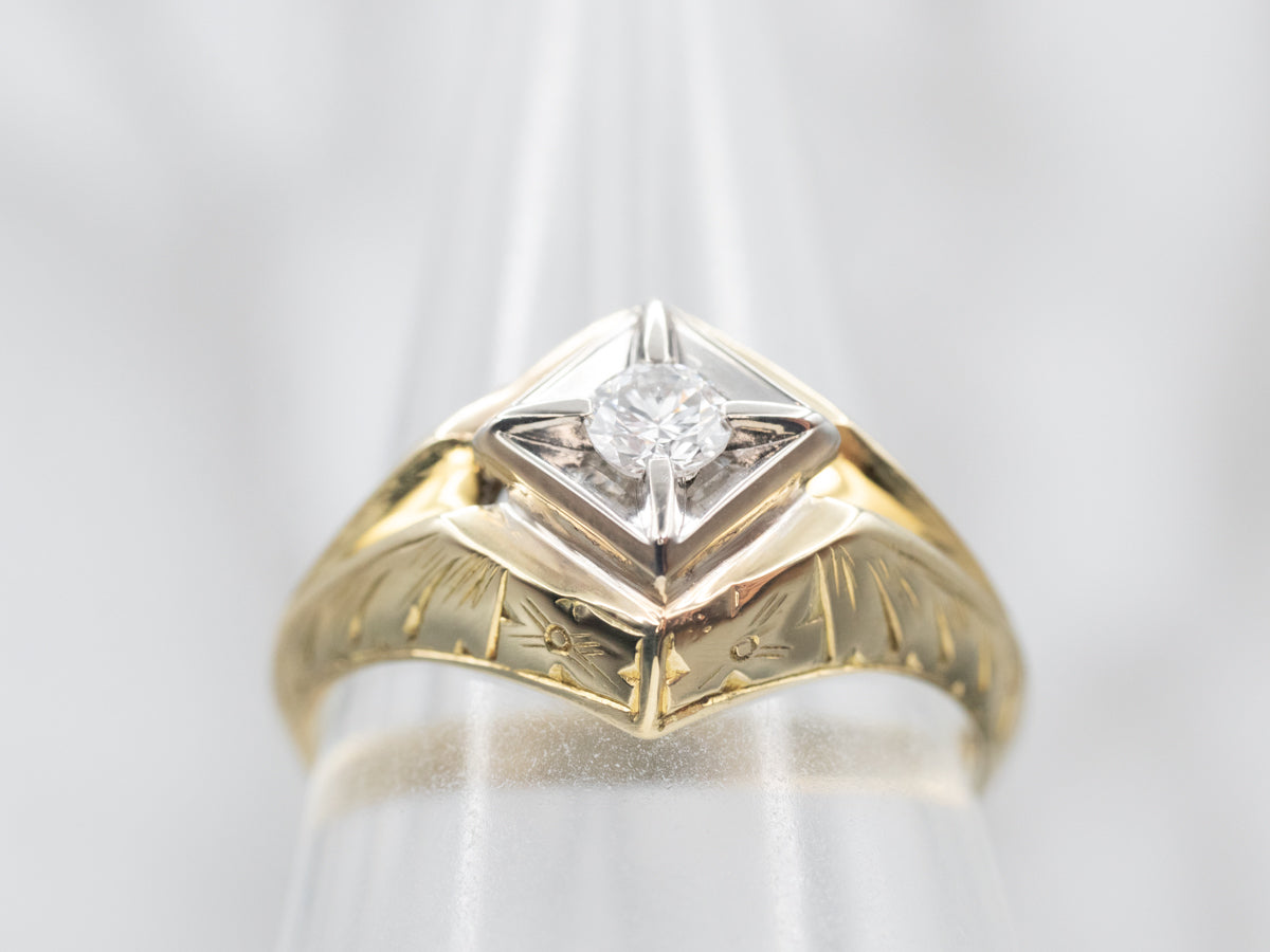 Late Art Deco Two Tone Gold Diamond Solitaire Engagement Ring