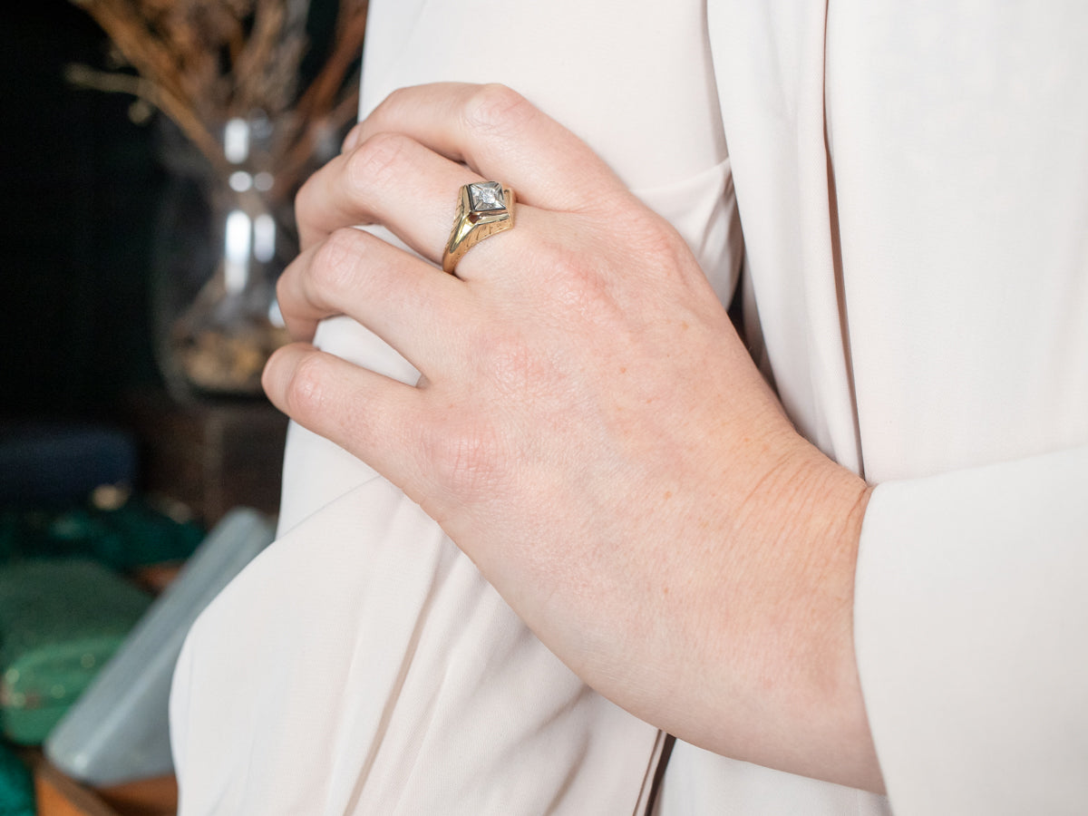 Late Art Deco Two Tone Gold Diamond Solitaire Engagement Ring